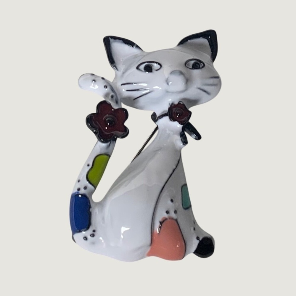 Vintage Style White Enamel Cat Brooch Multi Color Floral Accent Pin